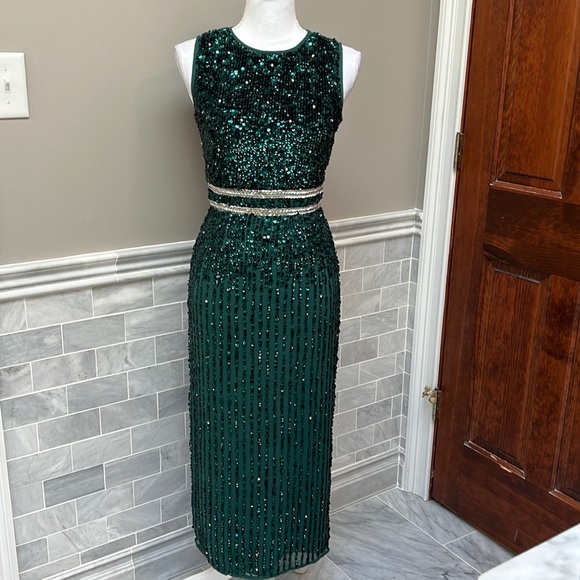 mac duggal green sequin dress Mac Duggal Beaded Cap Sleeve Ball Gown